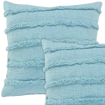 Set of Two 20" Blue Cotton Throw Pillows with Fringe And Texture