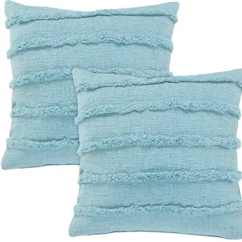 Set of Two 20" Blue Cotton Throw Pillows with Fringe And Texture