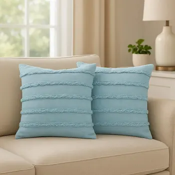 Set of Two 20" Blue Cotton Throw Pillows with Fringe And Texture