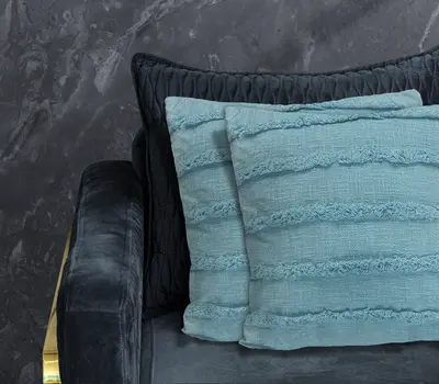 Set of Two 20" Blue Cotton Throw Pillows with Fringe And Texture