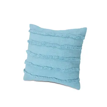Set of Two 20" Blue Cotton Throw Pillows with Fringe And Texture