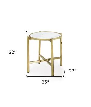 22" Gold And White Faux Marble Ceramic and Metal Cross Legs Round End Table