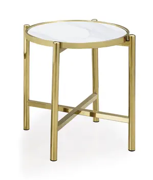 22" Gold And White Faux Marble Ceramic and Metal Cross Legs Round End Table