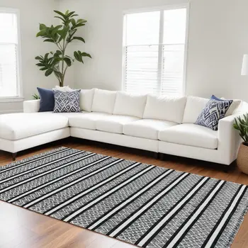 8' X 10' Black and White Wool Geometric Stripe Hand Loomed Area Rug