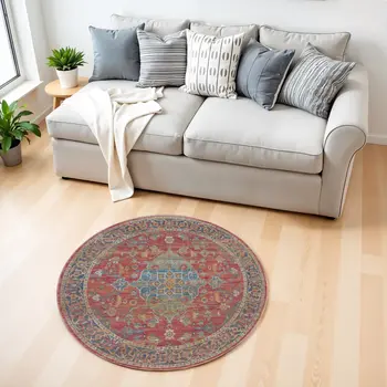 4' Blue and Red Floral Medallion Distressed Non Skid Round Rug