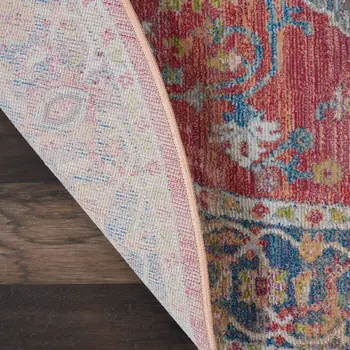 4' Blue and Red Floral Medallion Distressed Non Skid Round Rug