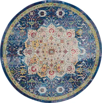 4' Navy Blue and Gold Medallion Distressed Non Skid Round Rug