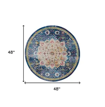 4' Navy Blue and Gold Medallion Distressed Non Skid Round Rug