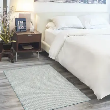 3' X 5' Aqua And Ivory Geometric Indoor Outdoor Area Rug