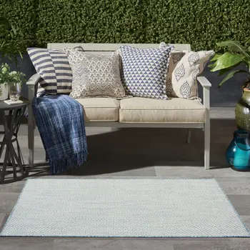 3' X 5' Aqua And Ivory Geometric Indoor Outdoor Area Rug
