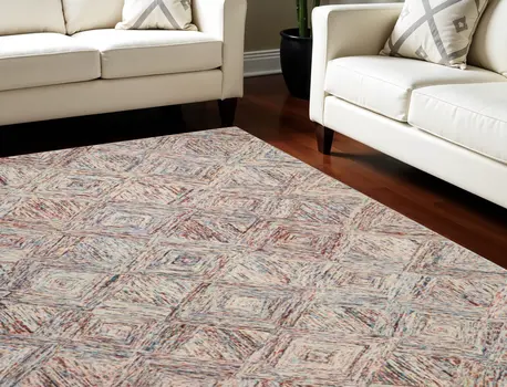 8' X 11' Ivory Red and Blue Wool Geometric Area Rug