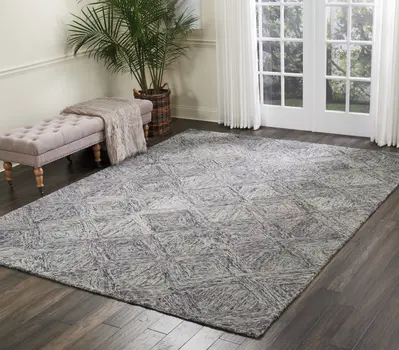 8' X 11' Ivory Black and Gray Wool Geometric Area Rug