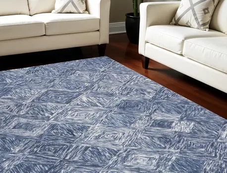 8' X 11' Denim Blue and Ivory Wool Geometric Area Rug