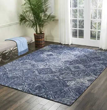 8' X 11' Denim Blue and Ivory Wool Geometric Area Rug