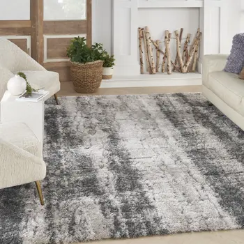 8' X 10' Charcoal And Ivory Abstract Shag Distressed Area Rug