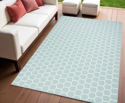 4' X 6' Aqua And Ivory Geometric Indoor Outdoor Area Rug