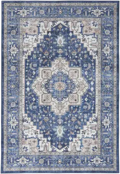 8' X 10' Ivory and Blue Medallion Distressed Non Skid Area Rug