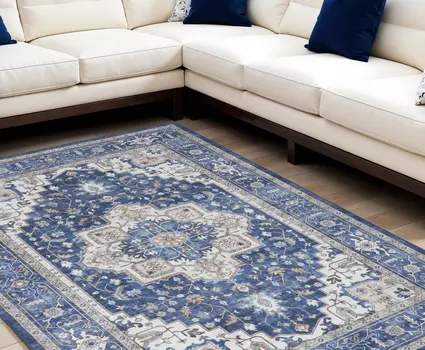 8' X 10' Ivory and Blue Medallion Distressed Non Skid Area Rug