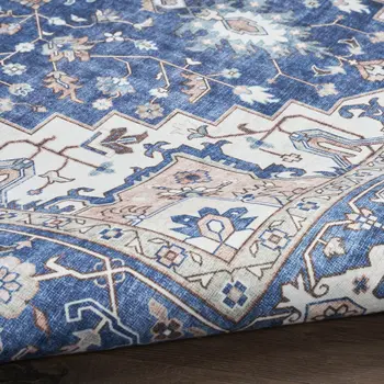 8' X 10' Ivory and Blue Medallion Distressed Non Skid Area Rug