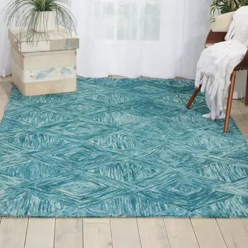 5' X 8' Ivory and Blue Wool Geometric Area Rug