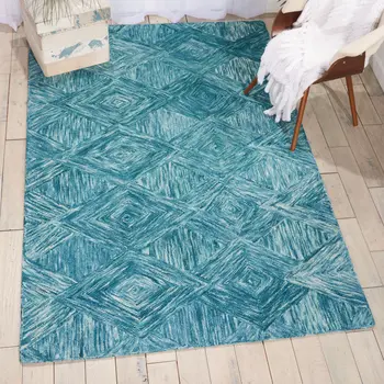 5' X 8' Ivory and Blue Wool Geometric Area Rug