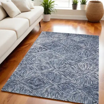 5' X 8' Denim Blue and Ivory Wool Geometric Area Rug