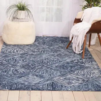5' X 8' Denim Blue and Ivory Wool Geometric Area Rug