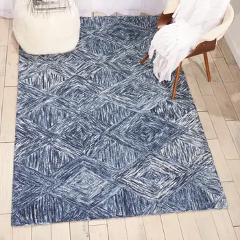 5' X 8' Denim Blue and Ivory Wool Geometric Area Rug