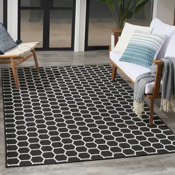 6' X 9' Black And Ivory Geometric Indoor Outdoor Area Rug
