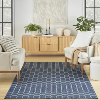 6' X 9' Blue And Ivory Geometric Indoor Outdoor Area Rug