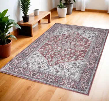 4' X 6' Red and Ivory Floral Medallion Power Loom Distressed Area Rug
