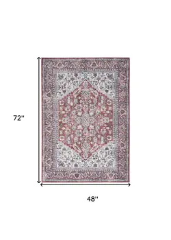 4' X 6' Red and Ivory Floral Medallion Power Loom Distressed Area Rug