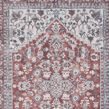 4' X 6' Red and Ivory Floral Medallion Power Loom Distressed Area Rug