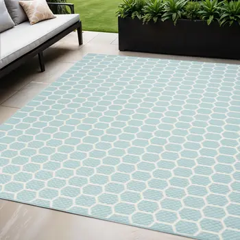 5' X 7' Aqua And Ivory Geometric Indoor Outdoor Area Rug