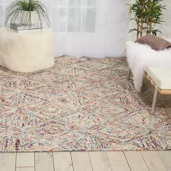 4' X 6' Ivory Red and Blue Wool Geometric Area Rug