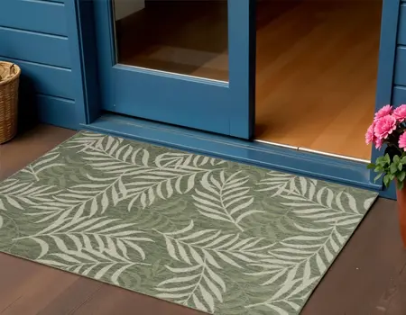 3' X 5' Green And Ivory Palm Leaf Indoor Outdoor Area Rug