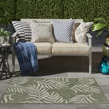 3' X 5' Green And Ivory Palm Leaf Indoor Outdoor Area Rug