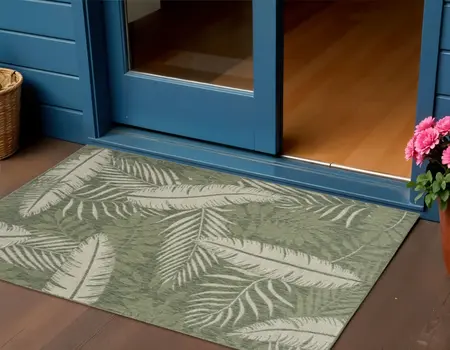 3' X 5' Green And Ivory Palm Leaf Indoor Outdoor Area Rug
