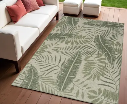 3' X 5' Green And Ivory Palm Leaf Indoor Outdoor Area Rug