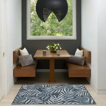 3' X 5' Navy Blue And Ivory Palm Leaf Indoor Outdoor Area Rug