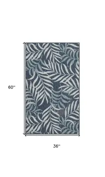 3' X 5' Navy Blue And Ivory Palm Leaf Indoor Outdoor Area Rug