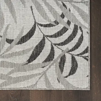 3' X 5' Gray Black And Ivory Palm Leaf Indoor Outdoor Area Rug