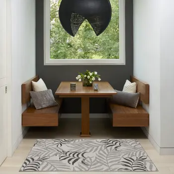3' X 5' Gray Black And Ivory Palm Leaf Indoor Outdoor Area Rug