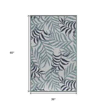 3' X 5' Blue Ivory And Navy Blue Palm Leaf Indoor Outdoor Area Rug
