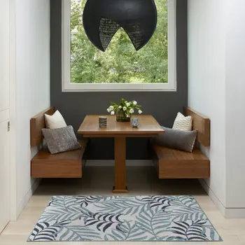 3' X 5' Blue Ivory And Navy Blue Palm Leaf Indoor Outdoor Area Rug