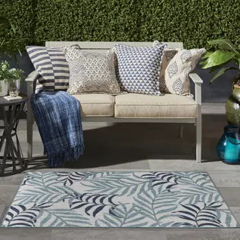 3' X 5' Blue Ivory And Navy Blue Palm Leaf Indoor Outdoor Area Rug