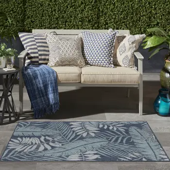 3' X 5' Navy Blue And Ivory Palm Leaf Indoor Outdoor Area Rug