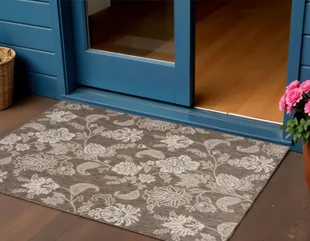 3' X 5' Brown And Ivory Floral Indoor Outdoor Area Rug
