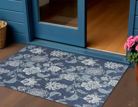 3' X 5' Navy Blue And Ivory Floral Indoor Outdoor Area Rug