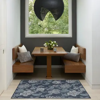 3' X 5' Navy Blue And Ivory Floral Indoor Outdoor Area Rug